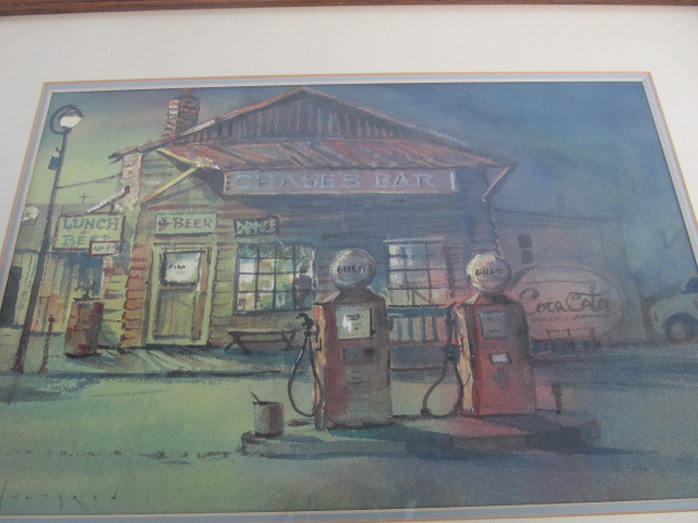 lot 108 image: Original Hayfield Days Signed Gas Station Watercolor Painting by Herb Hultgren  - Winona, MN Artist