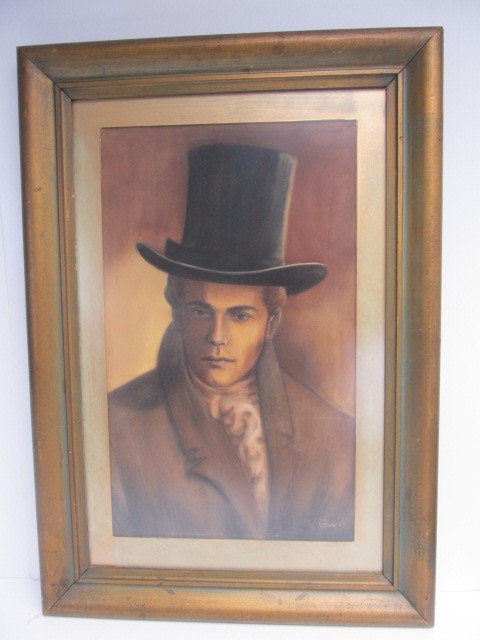 lot 110 image: Vintage Framed Signed Portrait Painting of a Gentleman in Top Hat - Signed Gwill