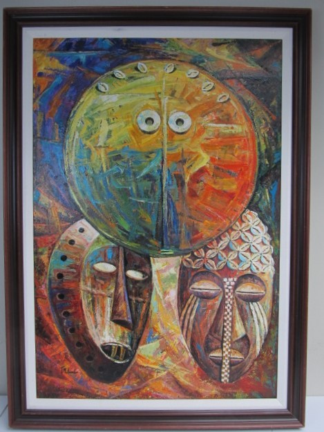 lot 113 image: Large Framed Signed African Tribal Oil on Canvas Painting