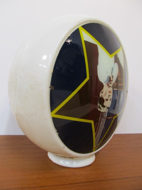 lot 214 image: Original Vintage Wide Body Milk Glass Gas Pump Globe wPraying Child Inserts