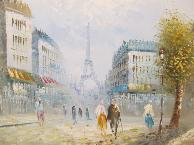 lot 187 image: Vintage Mid Century Paris Street Scene Oil on Canvas Painting by Burnett