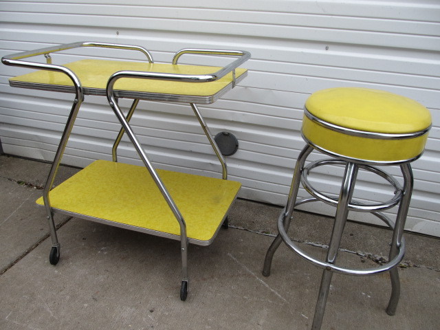 lot 208 image: Vintage 1950s Mid Century Tubular Chrome Yellow Cosco Stool & Matching Bar Cart