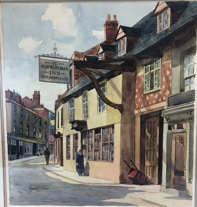 lot 111 image: Nice Vintage Signed Original Tavern Street Watercolor Painting - Howard Lang