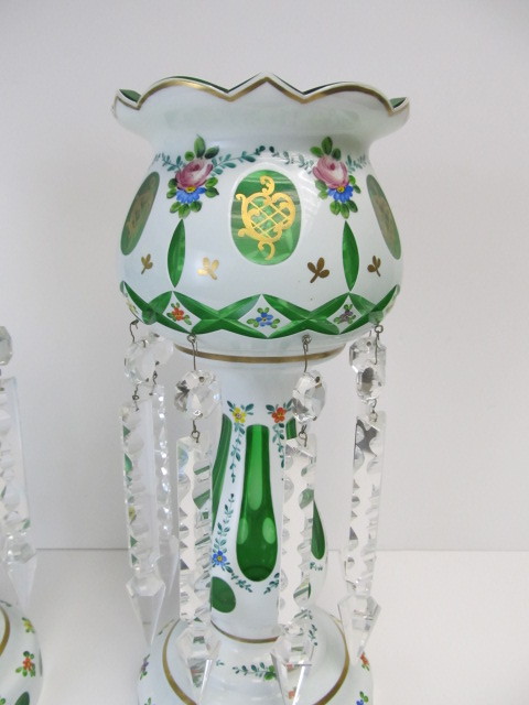 lot 11 image: Stunning Pair of Antique Bohemian Hand Painted Enameled Cut Glass Mantel Lusters