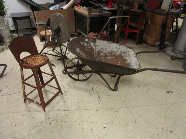 lot 524 image: VINTAGE WHEELBARROW AND RUSTIC METAL STOOL