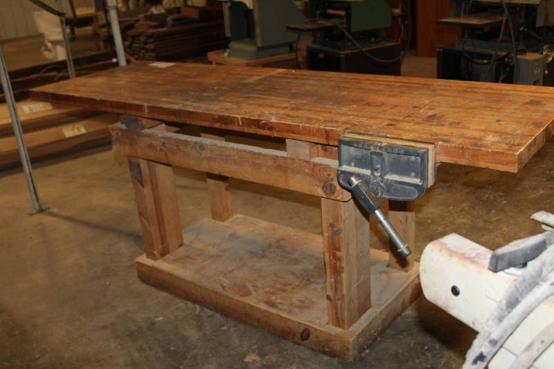 lot 16 image: Wood Butcher Block Top Shop Table with Wood Pedestal Stand and Mounted Vise
