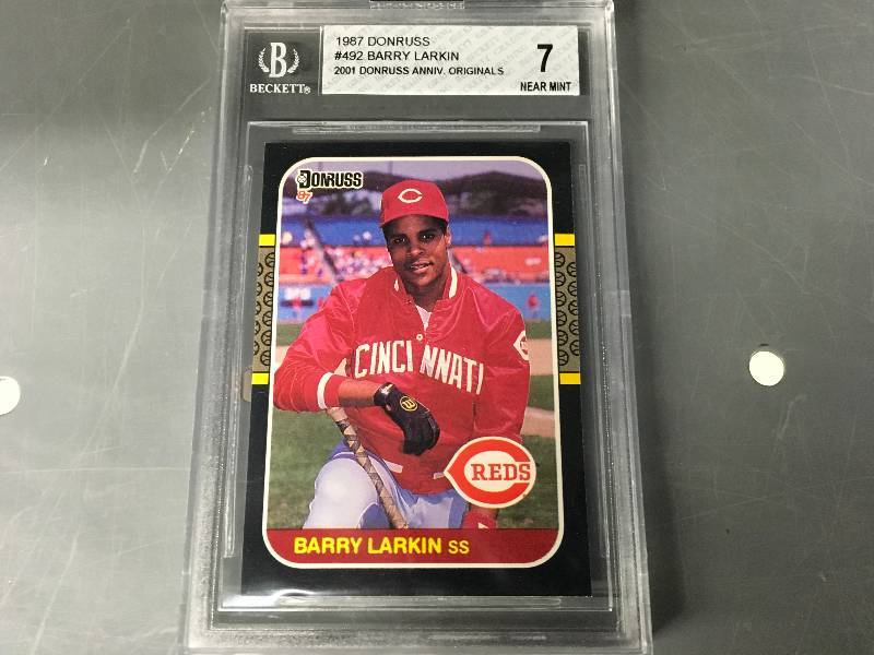 lot 513 image: 1987 Donruss #492 Barry Larkin 2001 Donruss Anniv. Originals Card 7 Mint