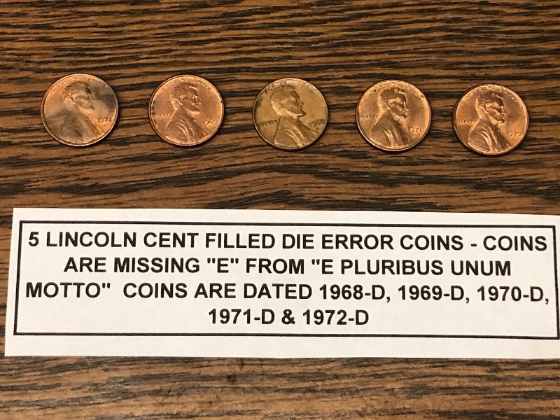 (5) Lincoln Cent Filled-Die Error Coins