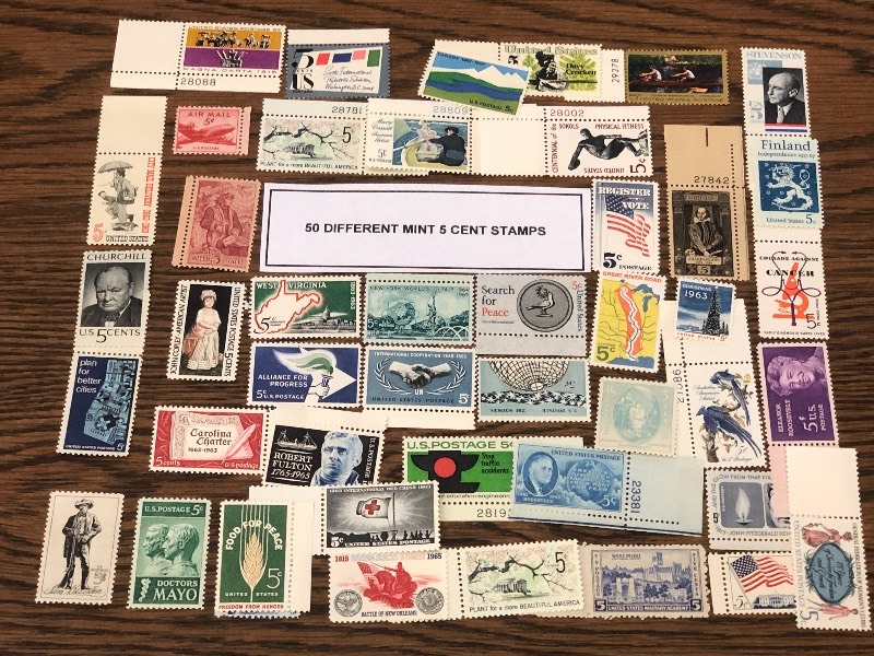 (50) Different Mint U.S. 5-Cent Stamps