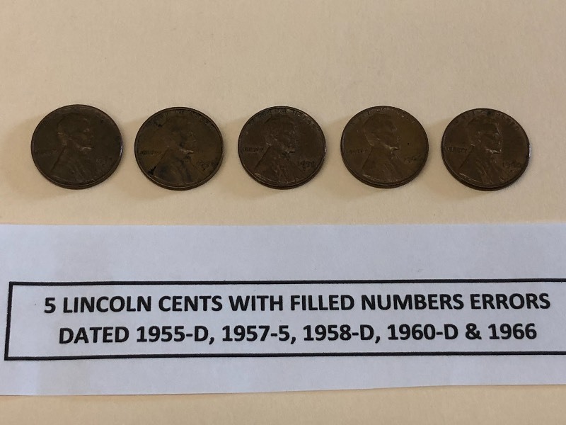 (5) Lincoln Cents With Filled-Numbers Errors