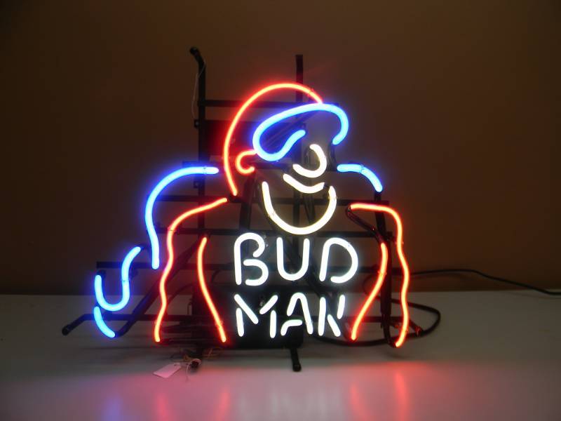 lot 2 image: ORIGINAL - NOT THE CHINA REPRODUCTION - BUD MAN NEON LIGHT - VERY NICE AWESOME PIECE FOR THE CAVE - APPROX 22 BY 18 - SEE PICTURES