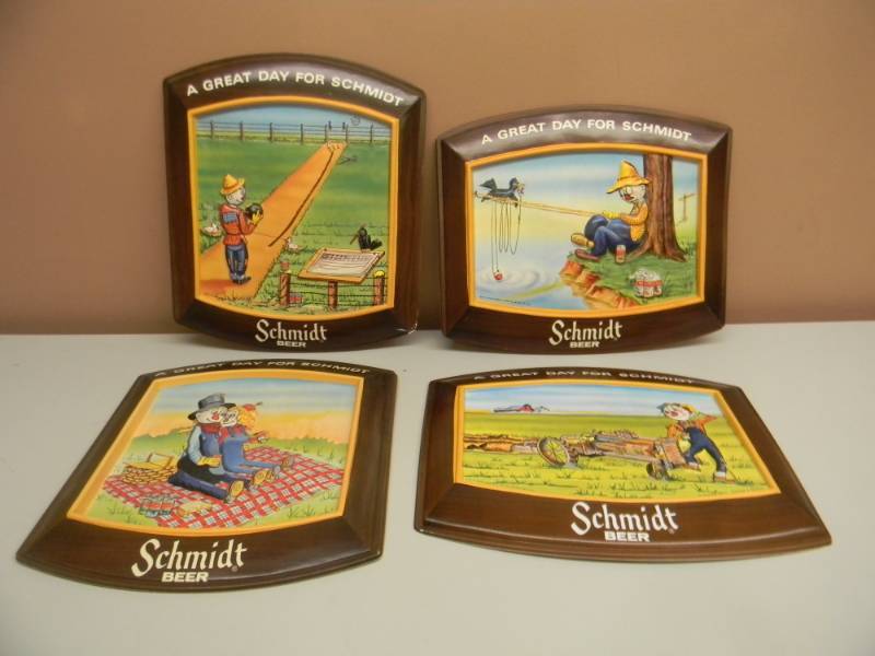 lot 15 image: VINTAGE COMPLETE SET OF 4 1977 SCHMIDT BEER WALL SIGNS - GREAT SET - RARE - SEE PICTURES