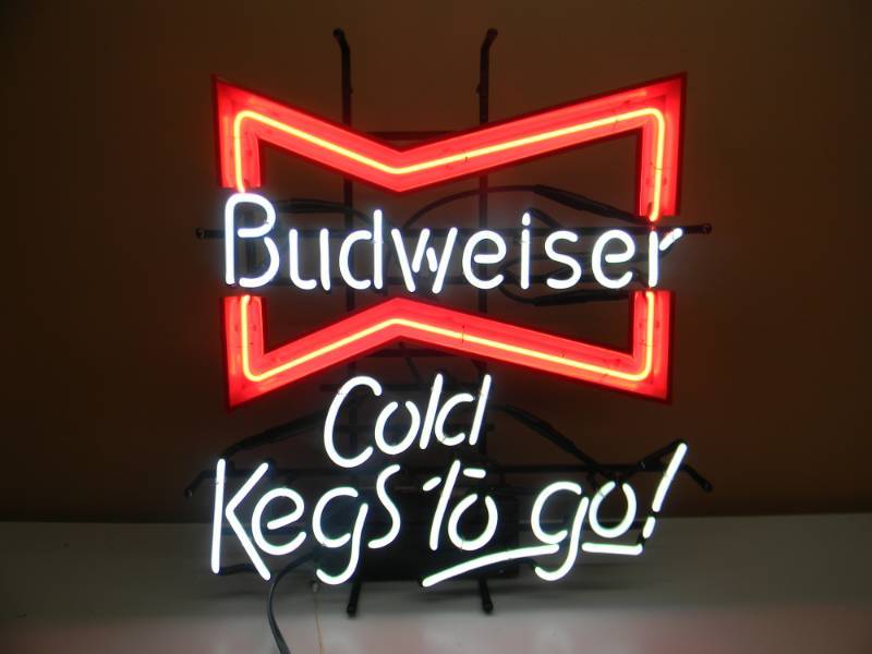 lot 18 image: VINTAGE BUDWEISER BEER BOW TIE COLD KEGS TO GO NEON LIGHT - WORKS GREAT - NICE - APPROX 22 BY 26 - SEE PICTURES