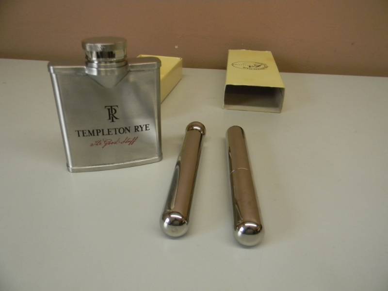 lot 37 image: NEW IN BOX STAINLESS STEEL POCKET FLANK LA COLLECTION - CASE, FLASK, CIGAR HOLDER WITH NEW NEVER USED STAINLESS STEEL TEMPLETON RYE FLASK - SEE PICTURES