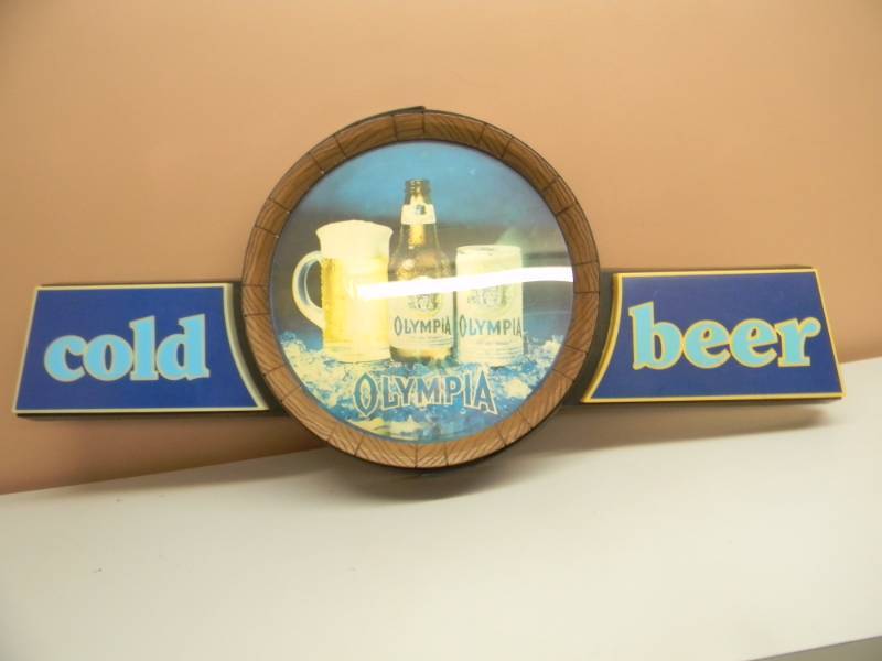 lot 11 image: VINTAGE OLYMPIA COLD BEER ADVERTISING SIGN - NICE OLD PIECE - APPROX 43 BY 18 - SEE PICTURES