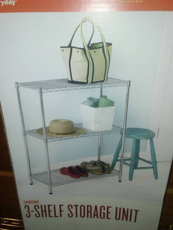 lot 47 image: Four-tiered shelving unit - Martha Stewart, Chrome, adjustable.