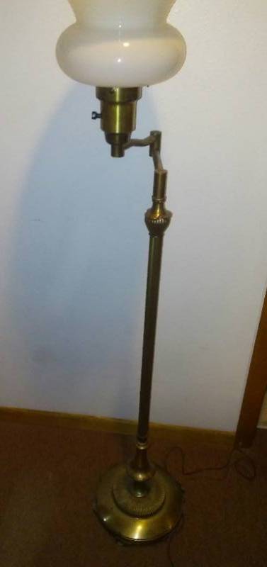 lot 99 image: Vintage Brass Floor Lamp  super heavy. Shade has some flea bites  Nice