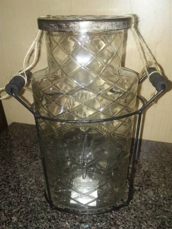 lot 154 image: Vintage Look Vase with Flower Frog, Wood Metal Handle Holder  NEW