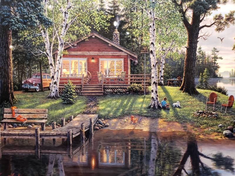 lot 58 image: Kim Norlien Simpler Times Cabin Print on Metal 20 x 16