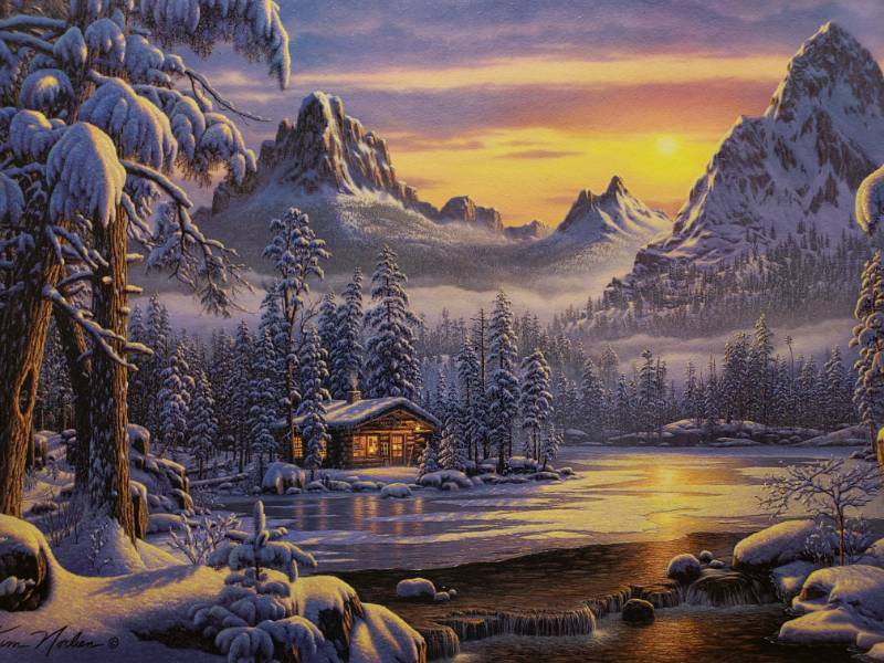 lot 70 image: Kim Norlien Evening on Mountain Lake Framed Print 23 x 17