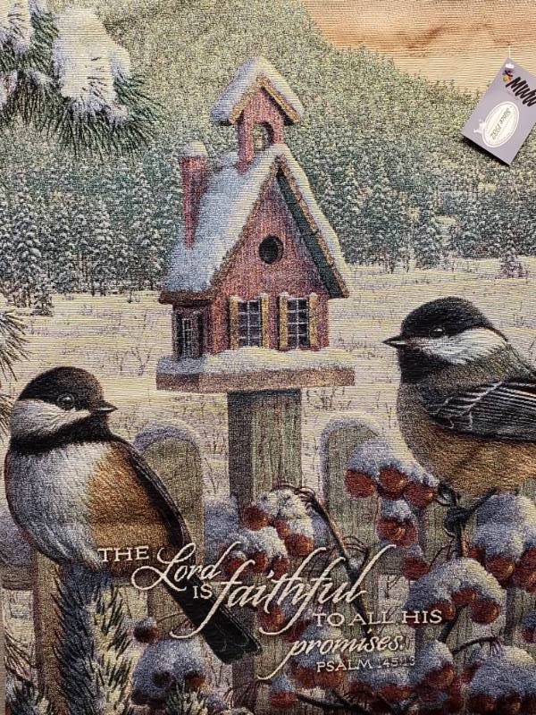 lot 92 image: Kim Norlien Winter Chickadees Hanging Tapestry 33 x 39