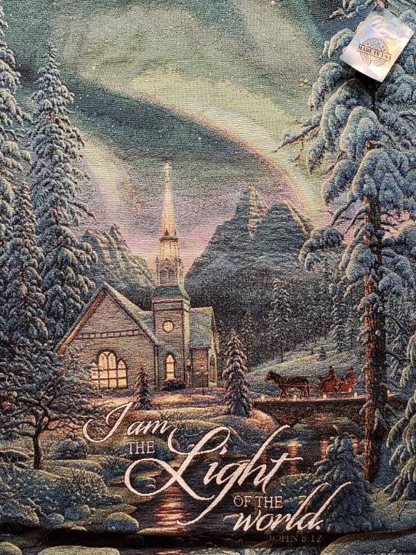 lot 93 image: Kim Norlien Light of the World w Bible Verse Hanging Tapestry 33 x 39