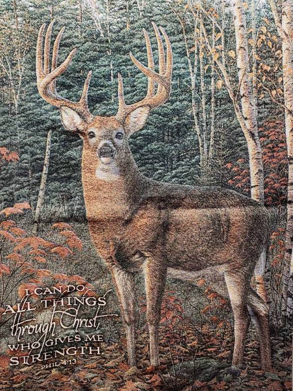 lot 96 image: Kim Norlien Autumn Sentinel on Woven Tapestry with Rod w Bible Verse - 33 12 x 37 12