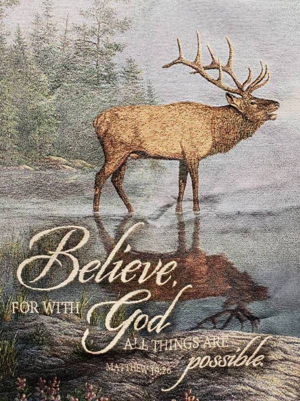 lot 97 image: Kim Norlien Bugle Boy Woven Tapestry w Bible Verse 26 x 38 12