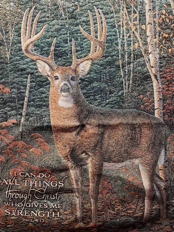lot 98 image: Kim Norlien Autumn Sentinel Woven Tapestry w Bible Verse 26 x 38 12
