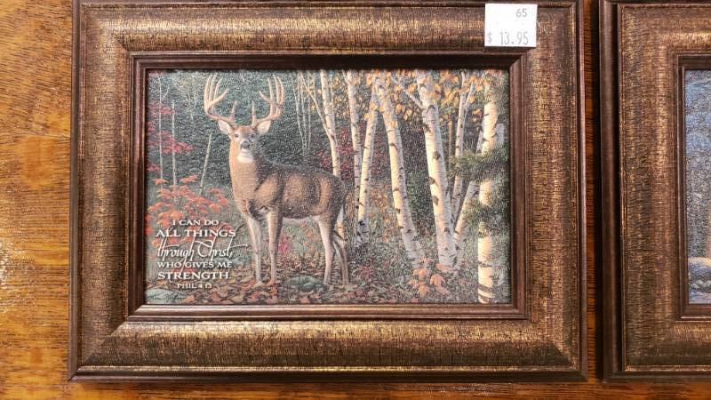 lot 164 image: (6) Kim Norlien Framed Table Top Prints with Stand