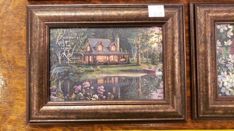lot 165 image: (6) Kim Norlien Framed Table Top Prints with Stand