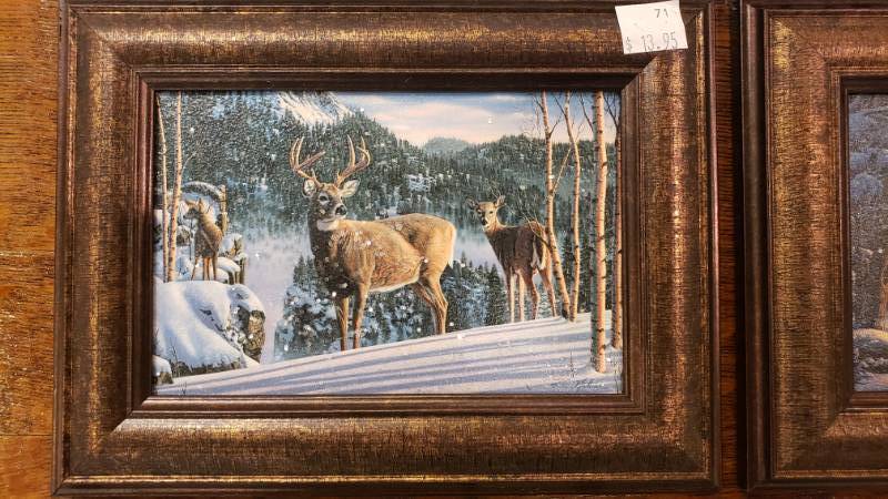 lot 166 image: (6) Kim Norlien Framed Table Top Prints with Stand