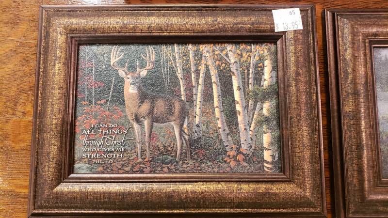 lot 168 image: (6) Kim Norlien Framed Table Top Prints with Stand