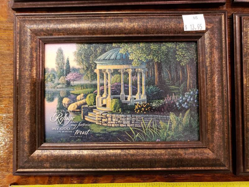 lot 178 image: (6) Kim Norlien Framed Table Top Prints with Stand