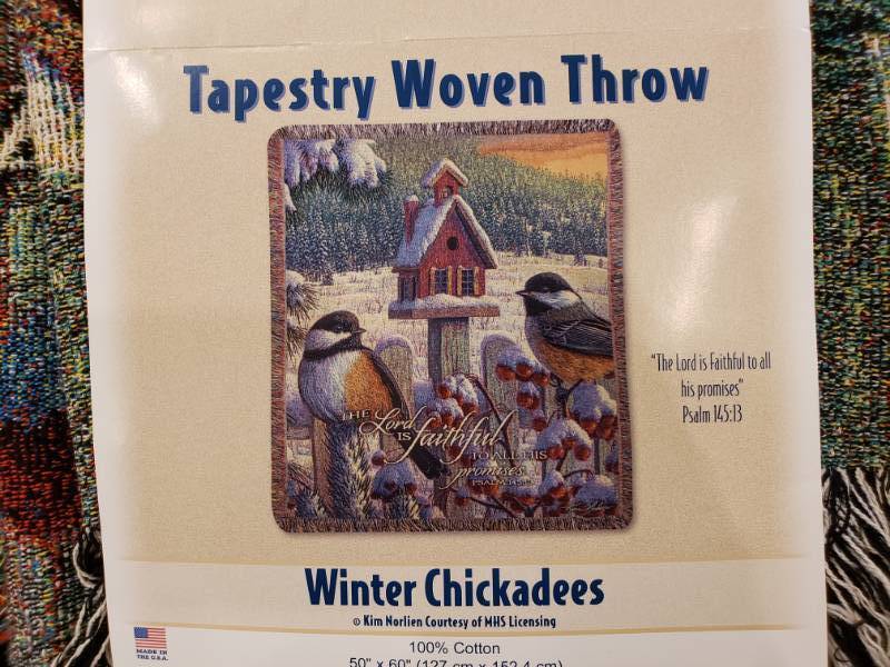 lot 180 image: (2) Kim Norlien High Quality Woven Throw Blankets w Prints Bugle Boy & Winter Chickadees