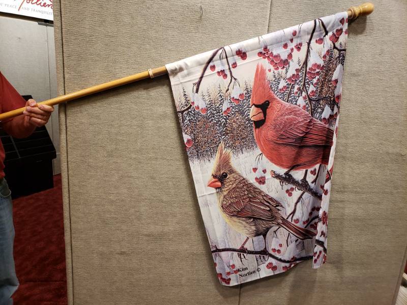 lot 188 image: Beautiful Kim Norlien Print Winter Cardinals on a Flag w Oak Flag Pole