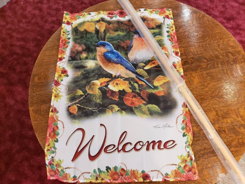 lot 189 image: Beautiful Kim Norlien Print Song Bluebirds on a Flag w Oak Flag Pole
