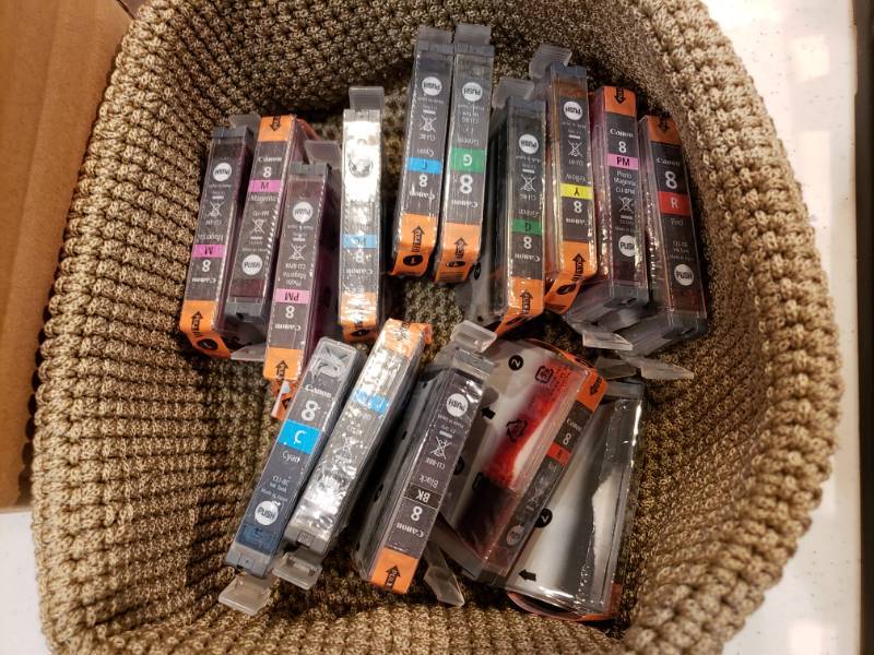 lot 202 image: Large Group of Canon Ink Cartridges, Sales & Pricing Tags  Stickers, Ornaments Display, 3 Hole Punch