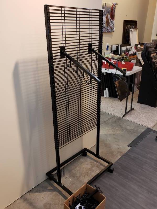 lot 205 image: Large 67 Two-Sided Metal Display  Retail Rack Fixture w Accessories