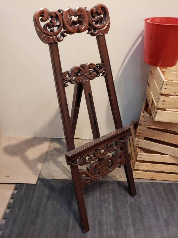 lot 214 image: Beautiful Antique Carved Wood Art Display Stand, Wooden Crates, and Red Bucket