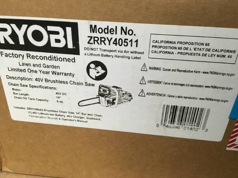 RYOBI Reconditioned 14 in. 40-Volt Lithium-Ion Brushless Electric Cordless Chainsaw in good condition