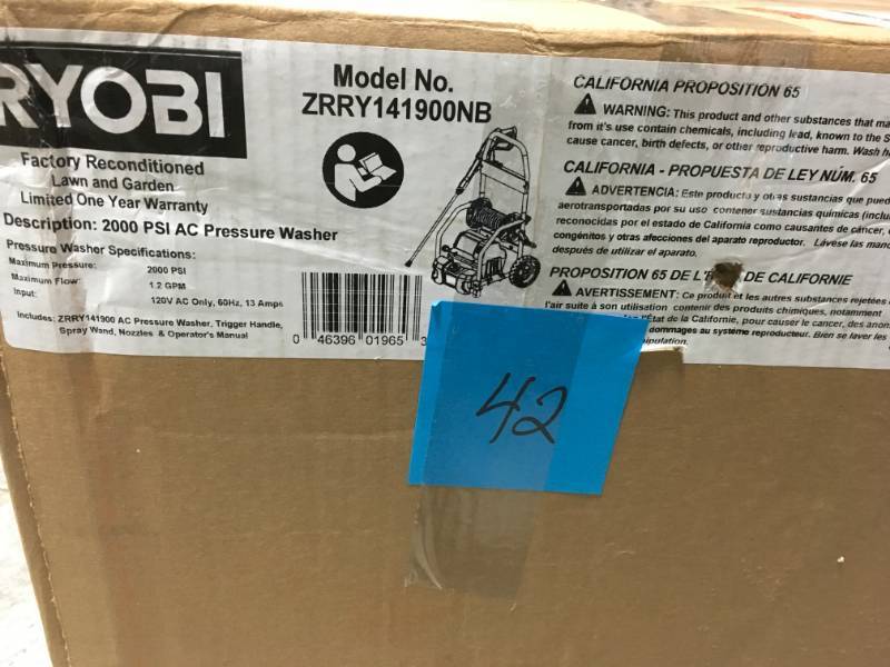 RYOBI Reconditioned 2,000 PSI 1.2 GPM Electric Pressure Washer in good condition