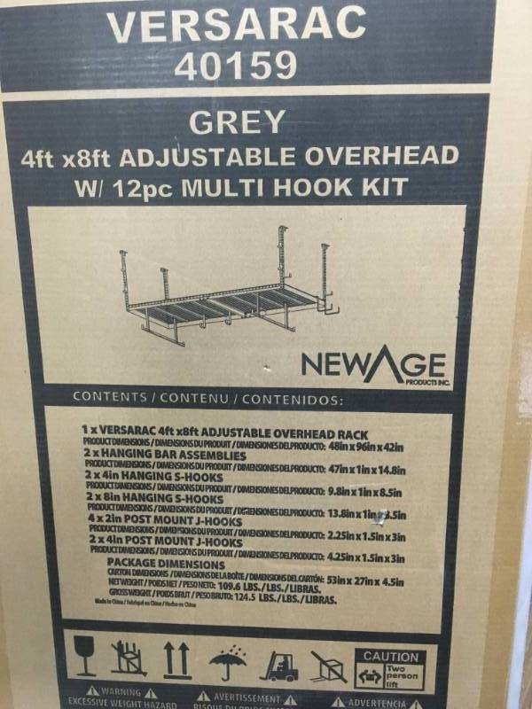 NewAge Products VersaRac 42 in. H x 48 in. W x 96 in. D Adjustable Height Garage Ceiling Mounted Storage Unit in Gray w12-Piece Hooks not used