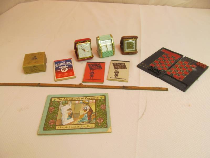 lot 158 image: Vintage Checkers Game, Wood Ruler, Notebooks,