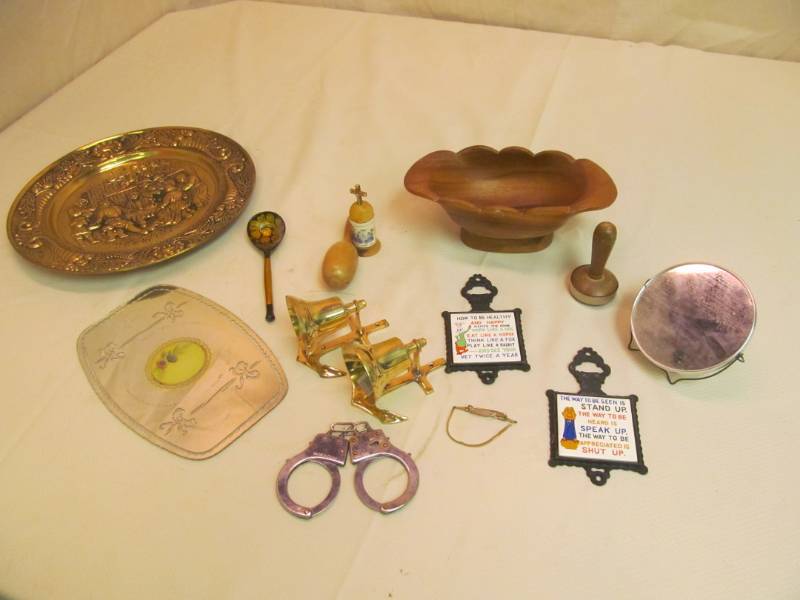 lot 202 image: Wood Bowl, Wall Dcor, Trivets, Glass Tray, Handcuffs, Etc.