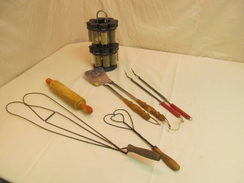 lot 206 image: Vintage Rug Beater, Forks, Spice Rack Casaseul w Spices