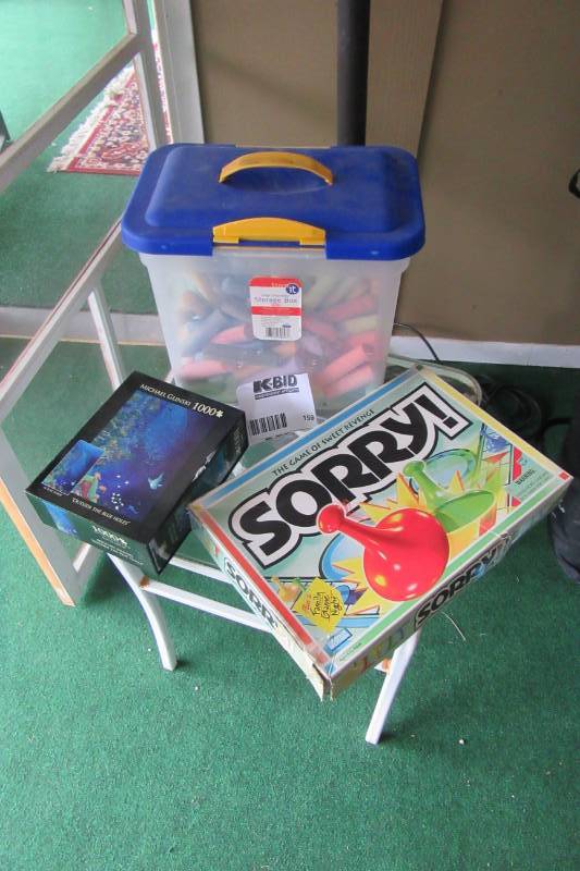 lot 159 image: Container of Childs Chalk, Sorry Game, 1000 piece puzzle