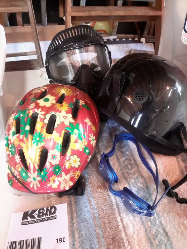 lot 190 image: 2 bicycle helmets, Motocross helmet, swim goggles