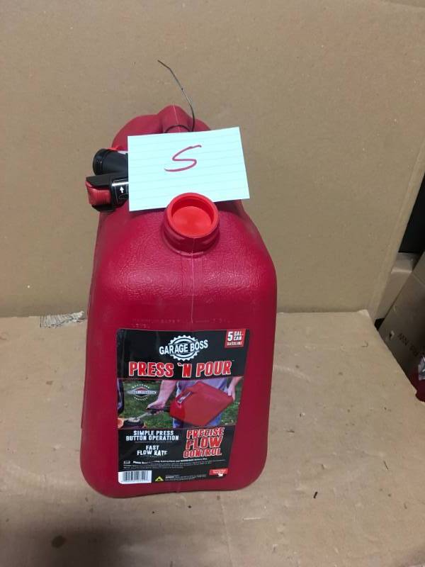 lot 5 image: Garage Boss Press N Pour 5 Gal. Gas Can in good condition