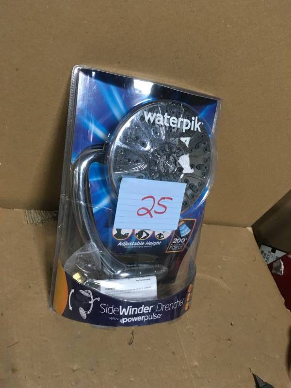 lot 25 image: Waterpik Sidewinder 6-Spray 7 in. Rainfall Showerhead in Chrome in good condition